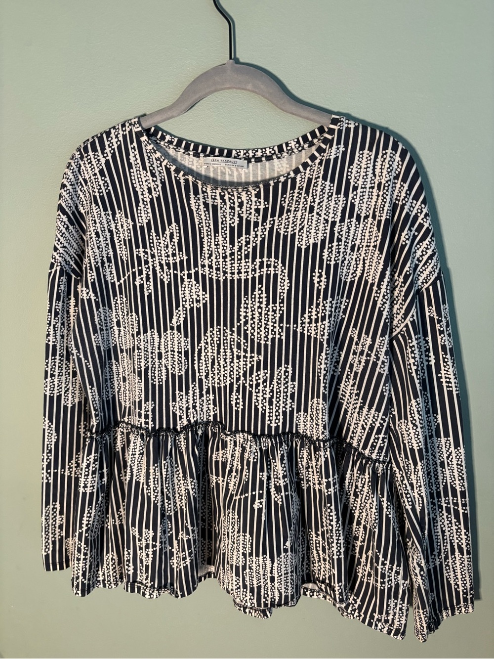 Zara Trafaluc Striped Floral Peplum Top Long Sleeve Blouse 100% Cotton SM
